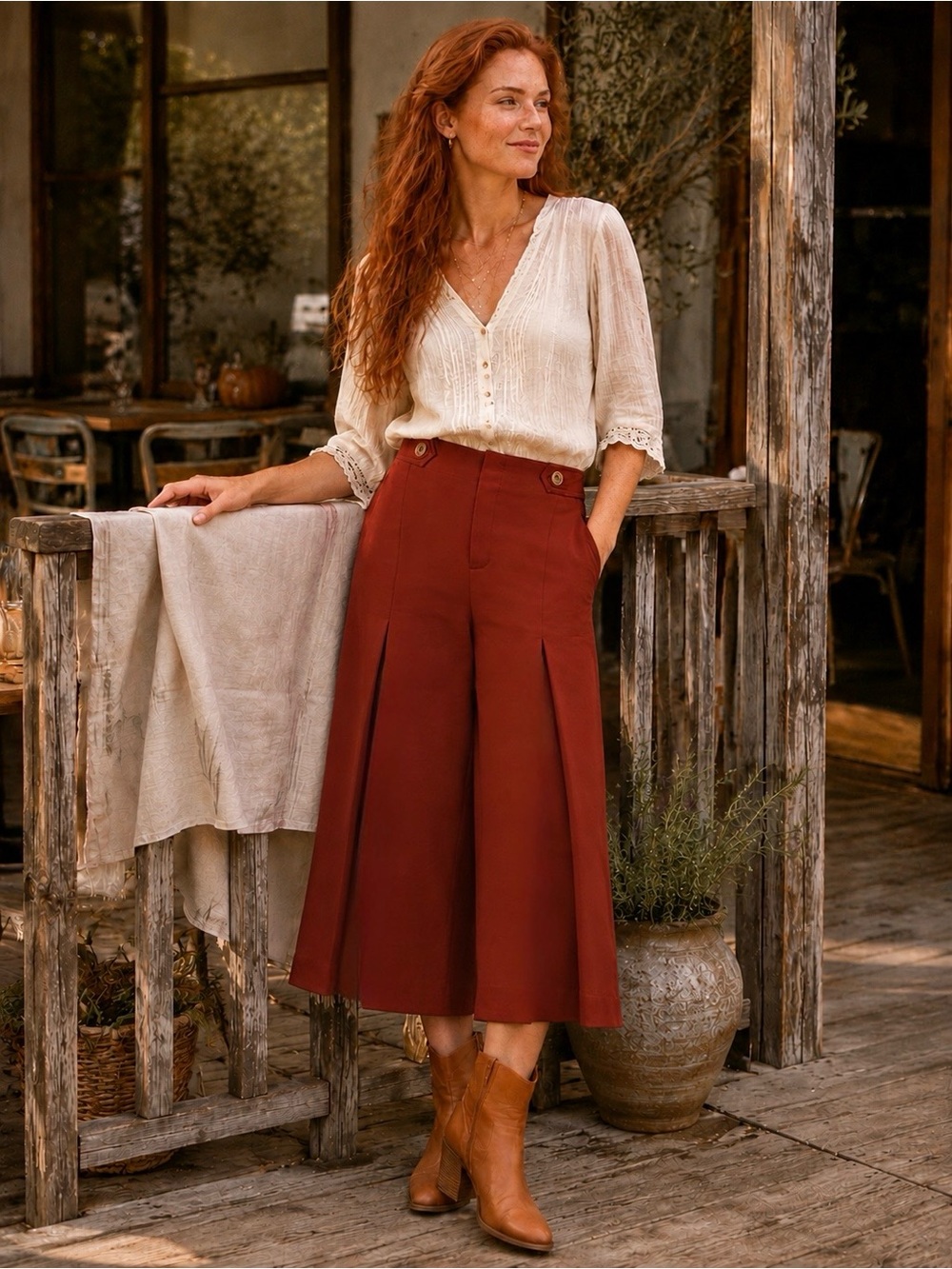 Anthropologie Essential Culotte Pants Rust Red Wide Leg Front Pleat Cropped Sz 2